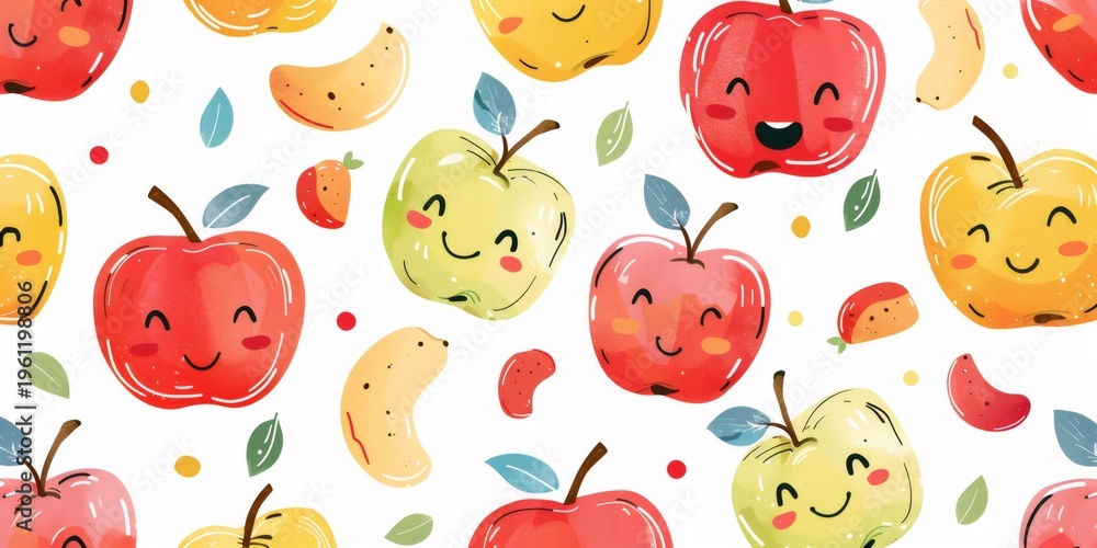 Fototapeta premium Cute smiling apple and fruit watercolor seamless pattern