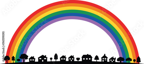 Colorful rainbow arching over black silhouette town with houses and trees, minimal vector illustration symbolizing harmony of nature and community