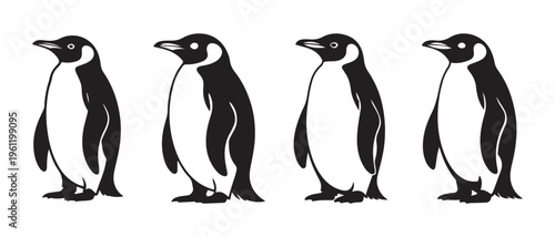 Identical Cartoon Emperor Penguins in a Row. Minimalist Black and White Vector Art on Isolated White Background.