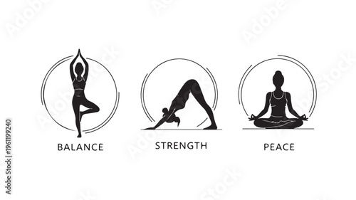 Yoga poses for balance strength and peace in minimalist line art style with black color on white background for wellness branding