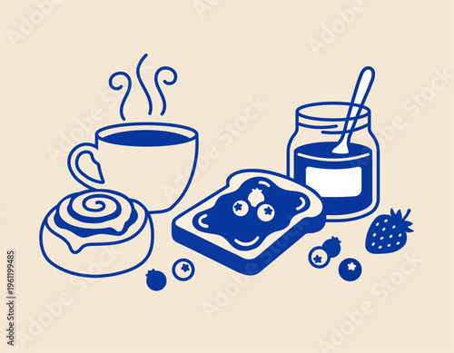 Hand Drawn Breakfast Food Illustration Coffee Cup Croissant Jam Toast and Berries Minimal Line Art Vector