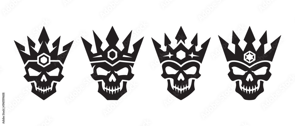 Fototapeta premium Powerful Stylized Skull with Crown Graphics Set. Dark King or Rebel Vector Art Isolated on White Background.