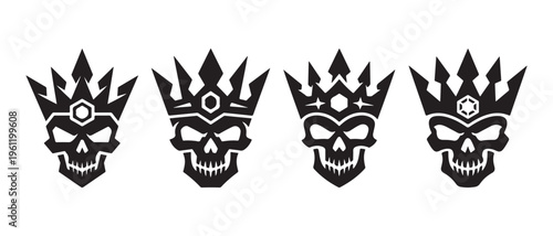 Powerful Stylized Skull with Crown Graphics Set. Dark King or Rebel Vector Art Isolated on White Background.