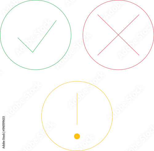 Status Icon Set – Check Mark, Cross, and Exclamation Symbols – Success, Error, Warning Indicators for UI, Notifications, Alerts, and System Feedback