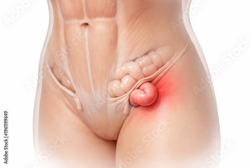 Inguinal hernia medical illustration showing bowel protrusion through inguinal canal with localized groin bulge in abdominal surgery concept for diagnosis pathology education and care