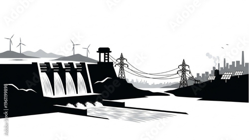 Hydroelectric Dam with Renewable Energy Wind Turbines Solar Panels and Power Grid Sustainable Electricity Illustration