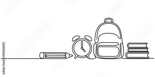 Continuous line drawing of school supplies including a pencil, alarm clock, backpack and books Vector, illustration
