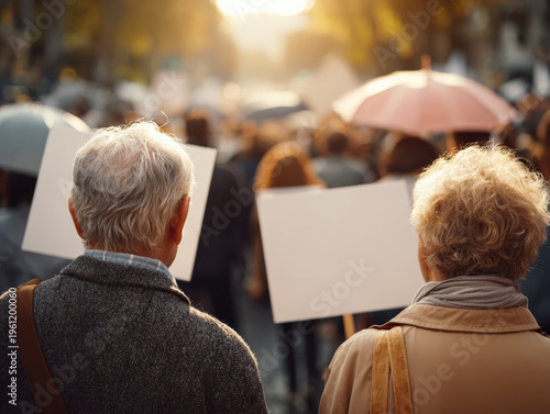 Protest Rally Scene with Elderly Participants at Sunset
