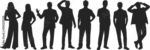 Human silhouettes, standing figures vector, diverse posture illustration, body language artwork, expressive design elements, character modeling art, people poses, lifestyle graphics