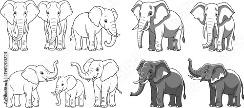 Elephant cartoon collection with outline and shaded styles, adult and baby elephants in different poses, wildlife animal vector set isolated on white background