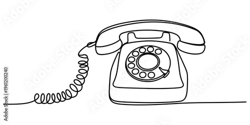 Continuous line drawing of a vintage rotary telephone with a coiled cord on a white background. Vector, illustration