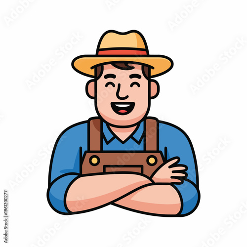 Smiling farmer in overalls and hat.