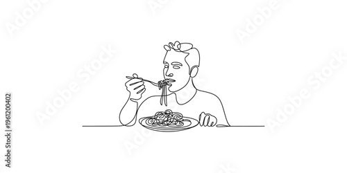A man eating spaghetti with a fork in a continuous line drawing style one art
