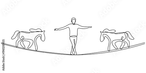 Continuous line drawing of a person and two horses balancing on a tightrope high wire. Vector, illustration