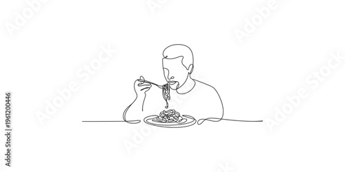 Man eating spaghetti with fork in one line drawing style on white background continuous single