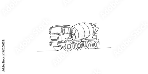Continuous line drawing of a cement mixer truck on a white background construction vehicle concrete