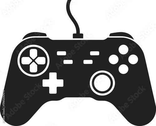 Black and white silhouette of modern video game controller with cable, buttons, analog sticks, minimal vector illustration for gaming design