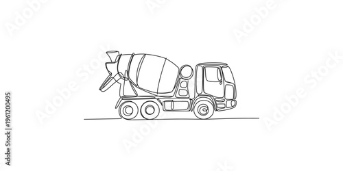 Continuous line drawing of a cement mixer truck on a white background concrete construction vehicle