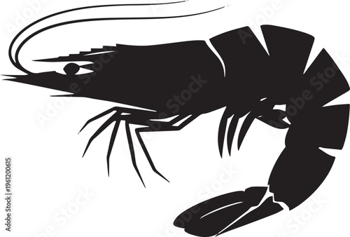 Black shrimp vector icon, seafood symbol, crustacean illustration, simple silhouette graphic