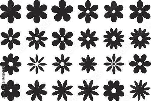Flower silhouette grid, diverse petal shapes, botanical vector illustration, black floral artwork, decorative plant design, nature inspired pattern, creative graphic elements