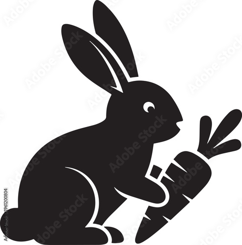 Black rabbit silhouette, cute bunny icon, holding carrot, vector graphic