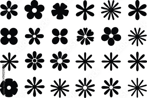 Flower silhouettes grid, diverse petal shapes, botanical vector design, black floral artwork, decorative nature illustration, plant pattern art, creative graphic elements