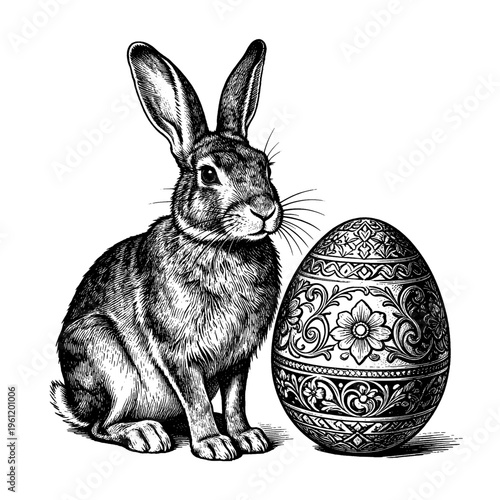 Antique wild hare and easter egg etching spring illustration