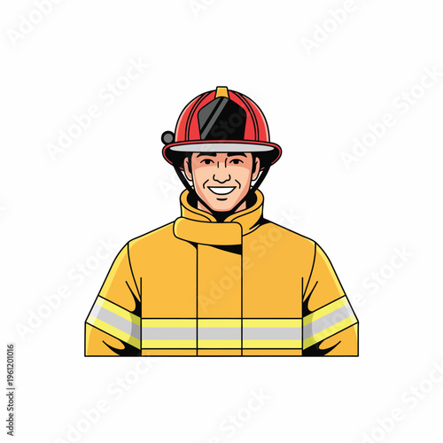 Smiling fireman in uniform and helmet.