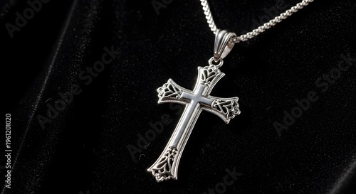 Silver ornate cross pendant with raised center on twisted chain against black velvet background vector illustration for jewelry themes