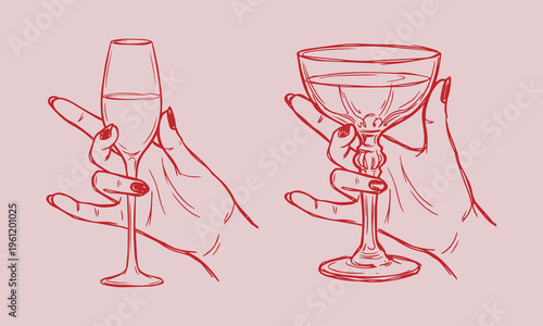 Set of 2 vector with beautiful hand gestures, Hand holding wine, Cheers toast vector for wedding and party use, Birthday celebration