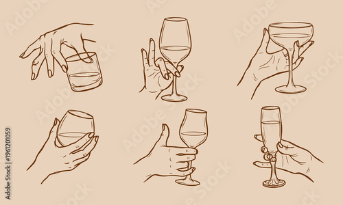 Wine glass vector with beautiful hand gestures, Hand holding wine, Cheers toast vector for wedding and party use