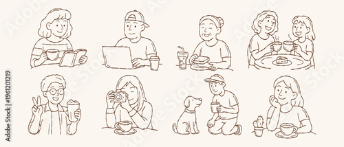 Cute coffee lover character vector set with people drinking coffee working on laptop and relaxing in hand drawn doodle line art style