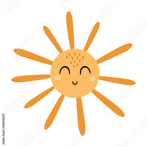 Cute cartoon sun image, isolated kawaii sky character clipart. Kids hand drawn vector illustration.