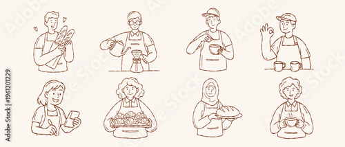 Cute barista and bakery staff character vector set with professional bakers and coffee makers in hand drawn doodle line art style for cafe branding