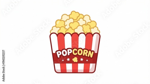 A bucket of popcorn with red and white stripes contains yellow popcorn.