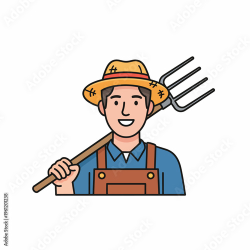Smiling farmer with pitchfork and hat.