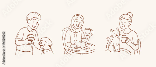 Happy people enjoying coffee with cute dog and cat vector set in hand drawn doodle line art style for pet friendly cafe branding and social media