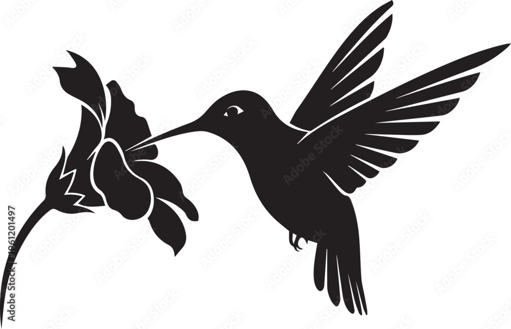 Fototapeta premium Black hummingbird, flying, sipping nectar from flower, silhouette icon, vector graphic
