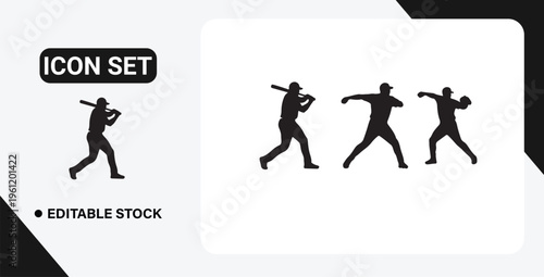 Black and white baseball player icon set for editable stock graphics Web
