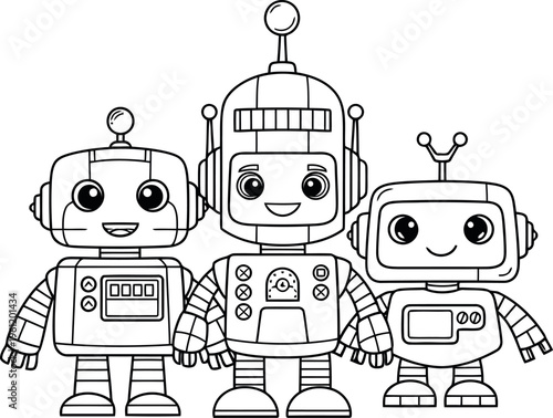 Three cartoon robots standing together in a line