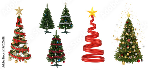 A group of decorated christmas trees with different ornaments and styles