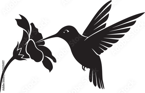 Black hummingbird, flying, sipping nectar from flower, silhouette icon, vector graphic