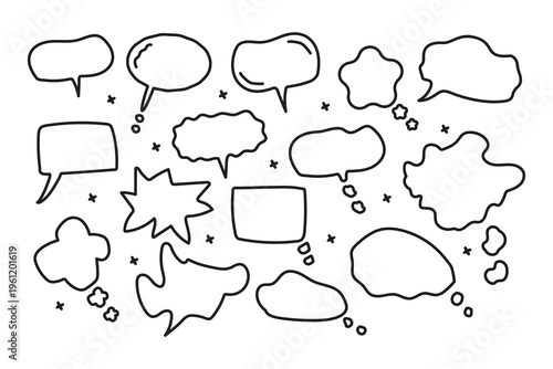 A collection of various comic book style speech bubbles and thought clouds