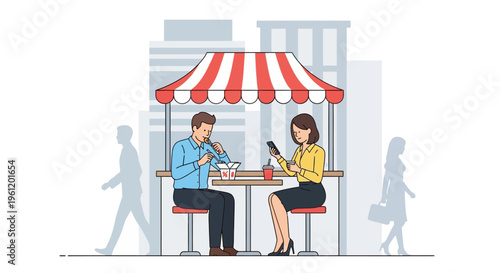 Business Professionals Having Lunch at Outdoor Street Food Stall in City