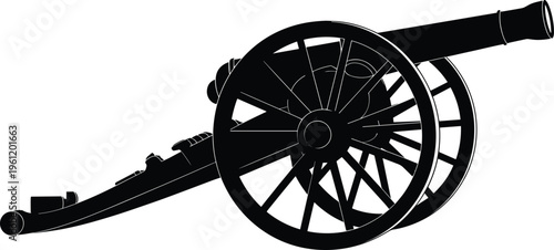 Black silhouette of an antique field cannon with large wheels isolated on white background for historical military and war concepts