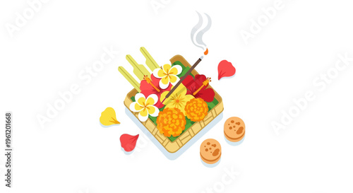 Balinese Hindu Offering Canang Sari with Flowers and Incense Vector Illustration