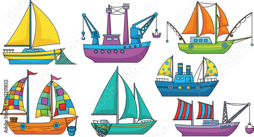 Colorful Boats and Ships Collection with Sailboats Fishing Vessels Cargo Ships and Marine Transport Illustrations for Nautical Design Travel and Ocean Transportation Concepts