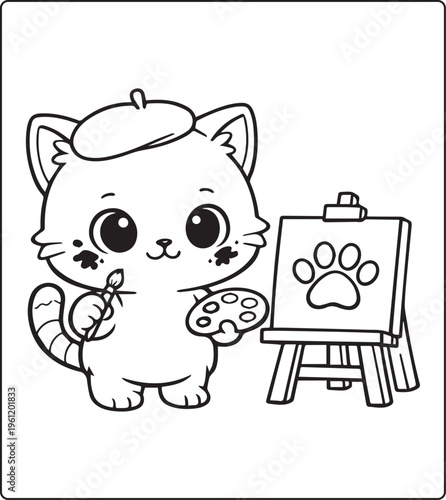 Cute cartoon artist cat painting with color brush and board coloring pages for kids, vector line art illustration for children book design