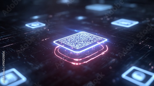 Futuristic, glowing interface with a central QR code and surrounding digital icons, dark background