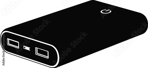 Black silhouette of rectangular portable power bank with USB ports and power button, minimal vector illustration for electronic device design